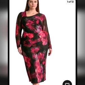 DKNY Asymmetric Ruched Printed-Mesh Dress Sz 16 Plus Women Long Sleeve New